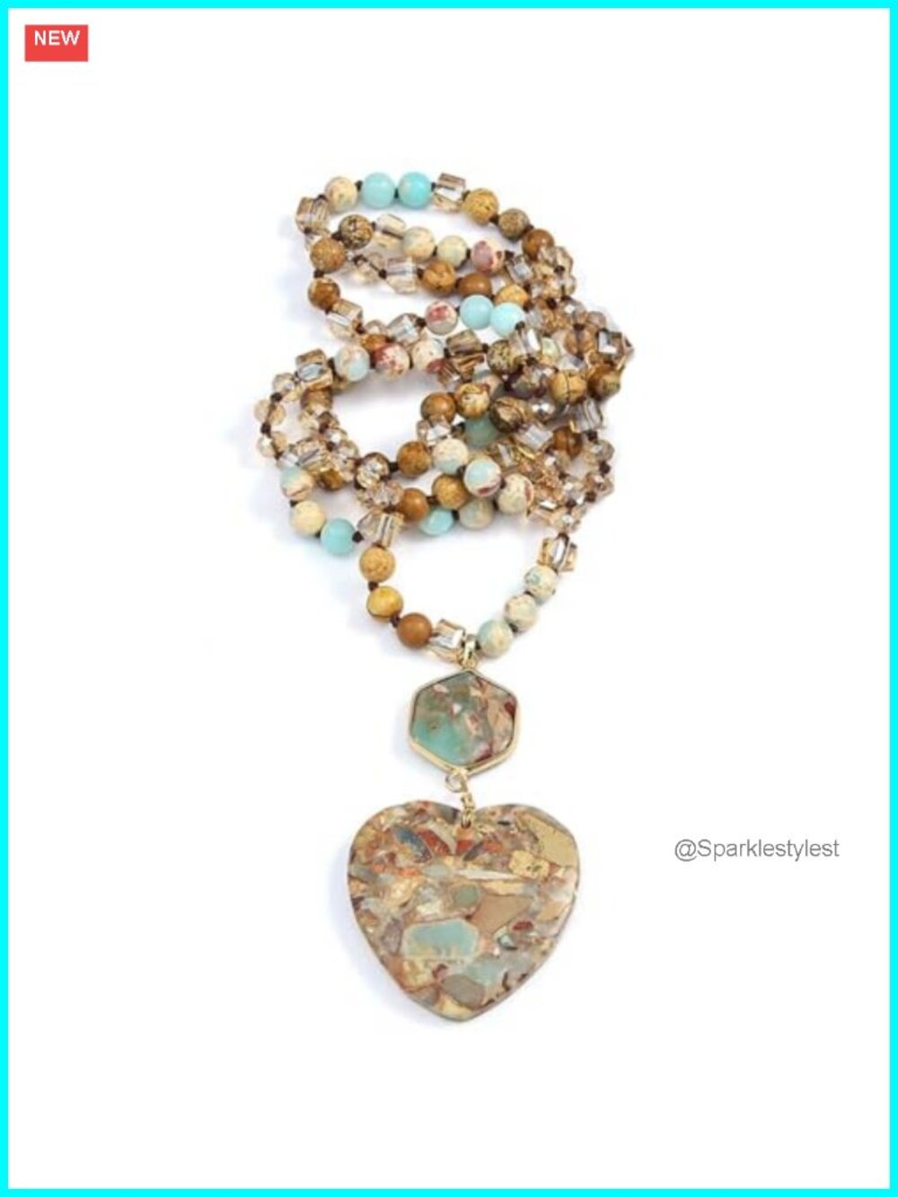 Long Natural Jasper Stone Beaded Necklace Heart Pendant Boho